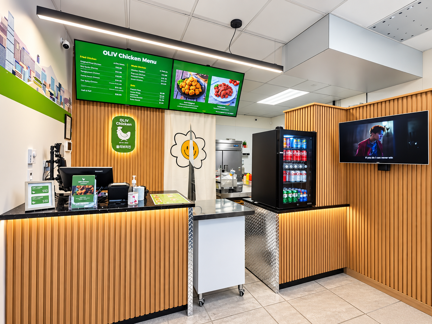 OLIV Chicken service counter and wood slat interior finishes in Abbotsford