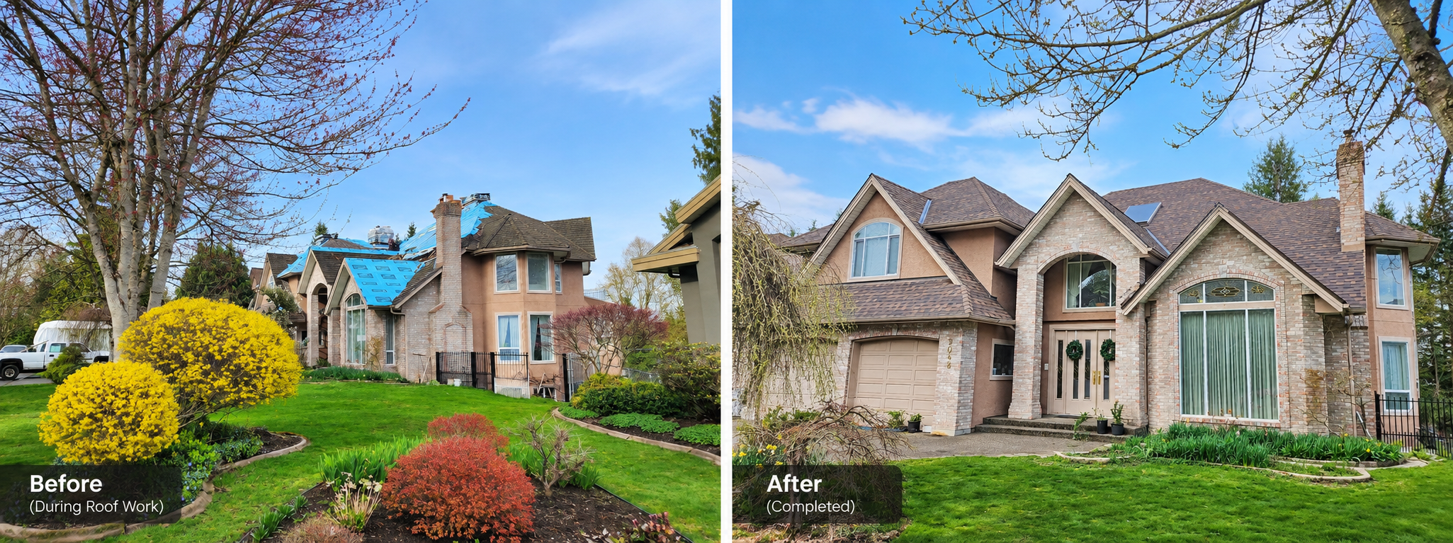 Surrey house roof during roofing work and after completion